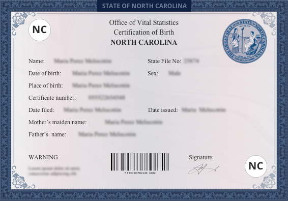 north carolina birth certificate sample